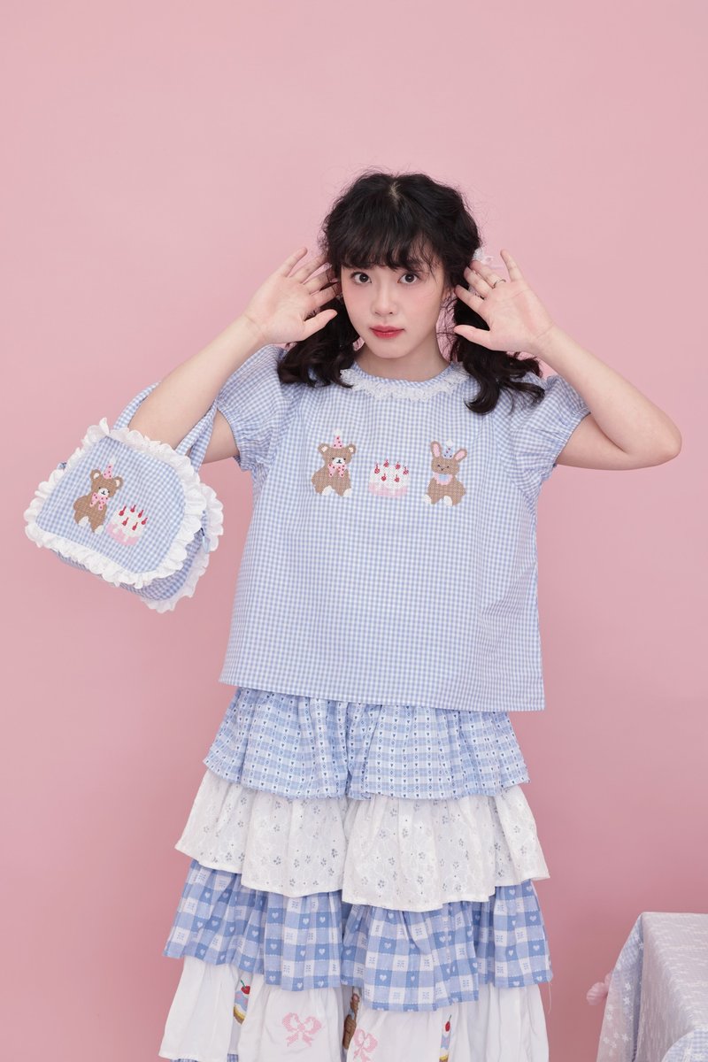 甜美少女 花边蓝格子 小熊刺绣泡泡袖衬衫 - 女装 T 恤 - 其他材质 蓝色