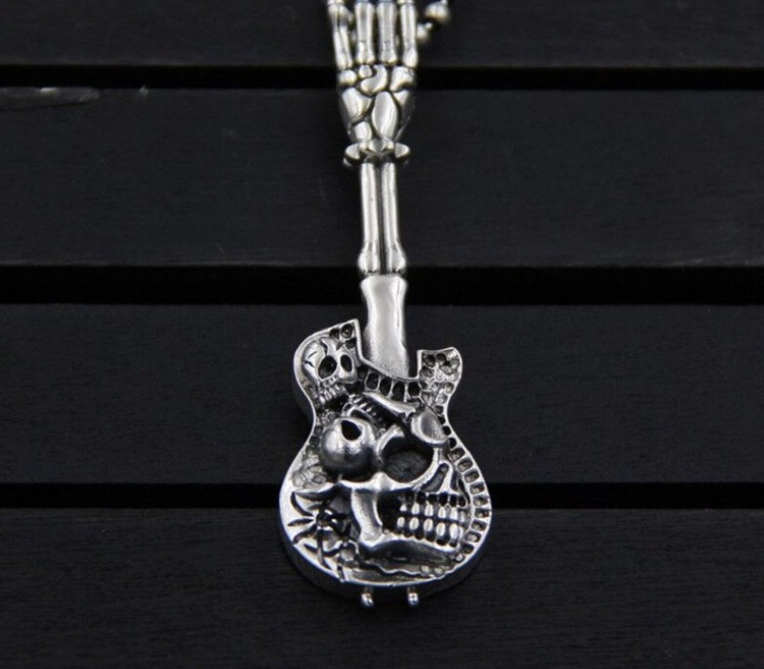 S 925 Sterling Silver Guitar Designer Hand Skull Pendants Necklaces NO CHAIN - 长链 - 纯银 银色