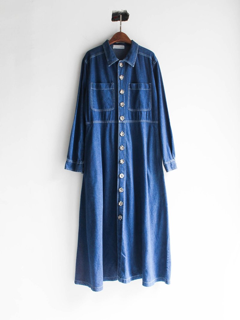 河水山 - 浪漫深海蓝之秋季恋爱节庆 古董连身丹宁长裙 中性 overalls oversize vintage - 其他 - 棉．麻 蓝色