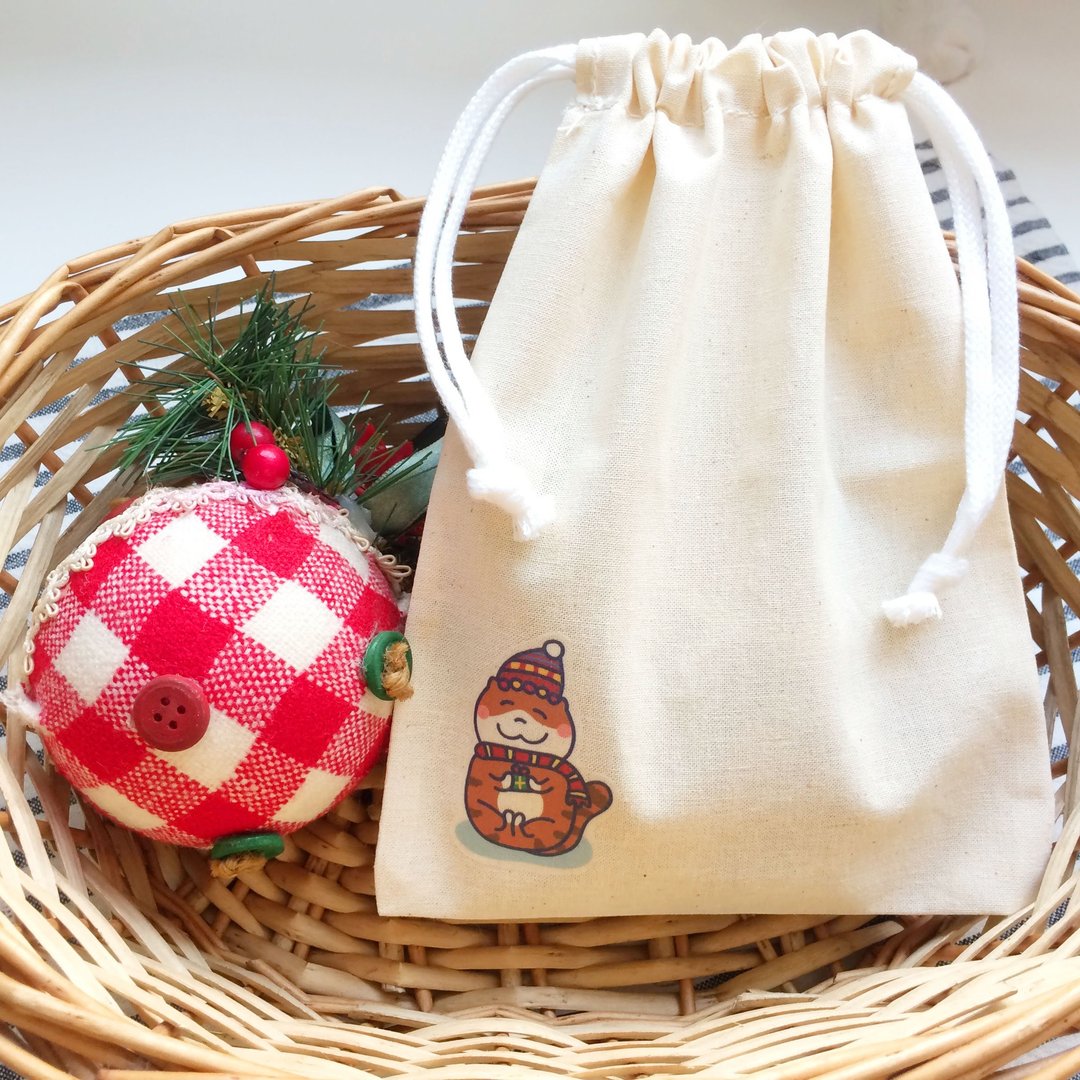 圣诞猫の日常 帆布束口袋 手工印制 Drawstring bag (圣诞礼物) - 化妆包/杂物包 - 棉 红色
