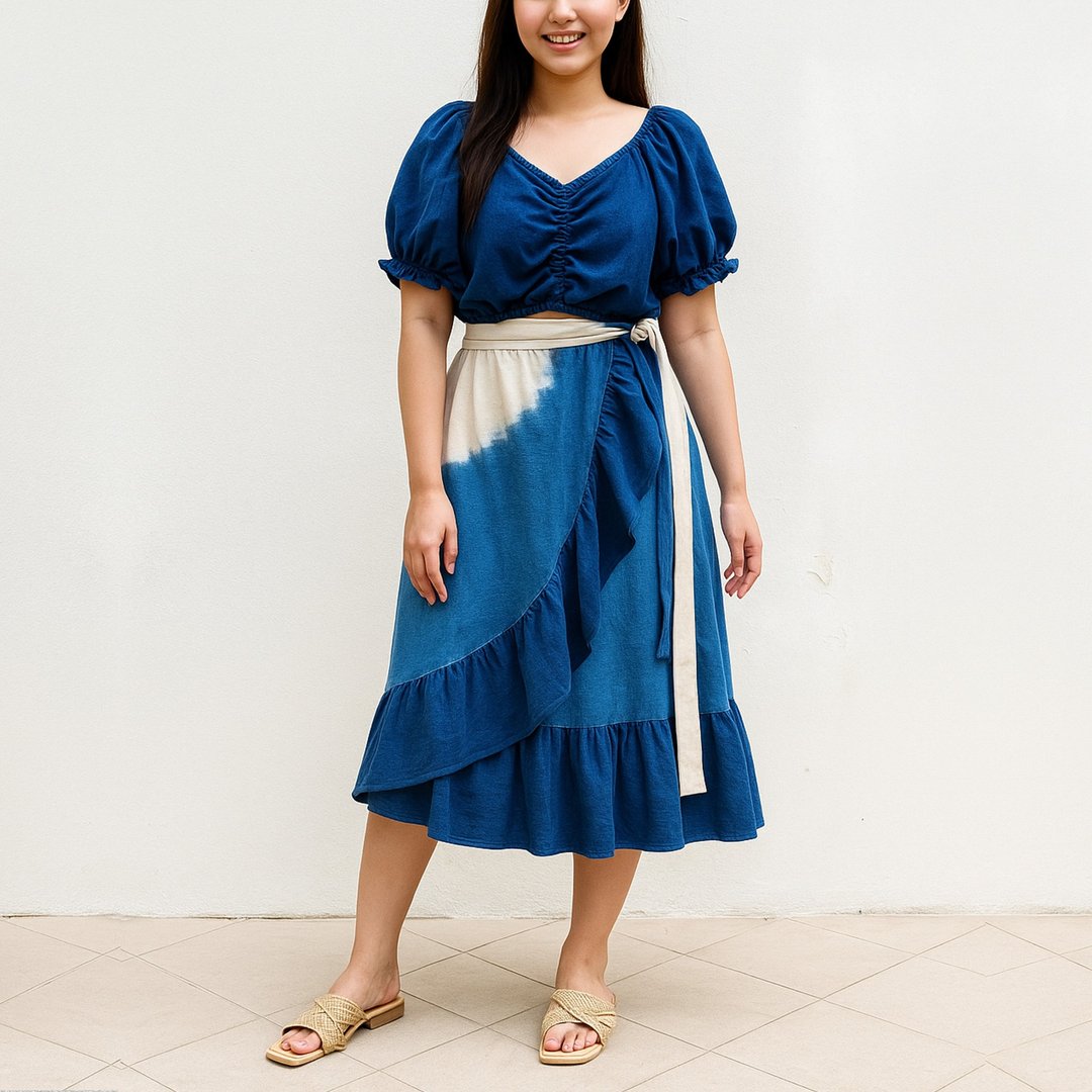 Mini Indigo Ruffle Skirt -  侧系荷叶边裙 - 裙子 - 棉．麻 蓝色