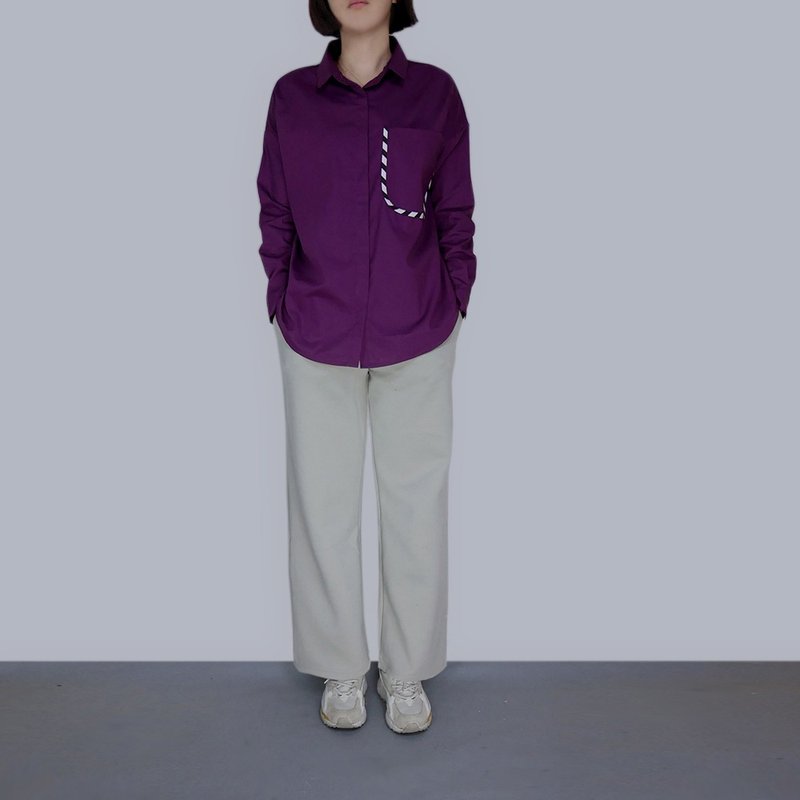 紫红色宽版大口袋衬衫 - 女装衬衫 - 棉．麻 紫色