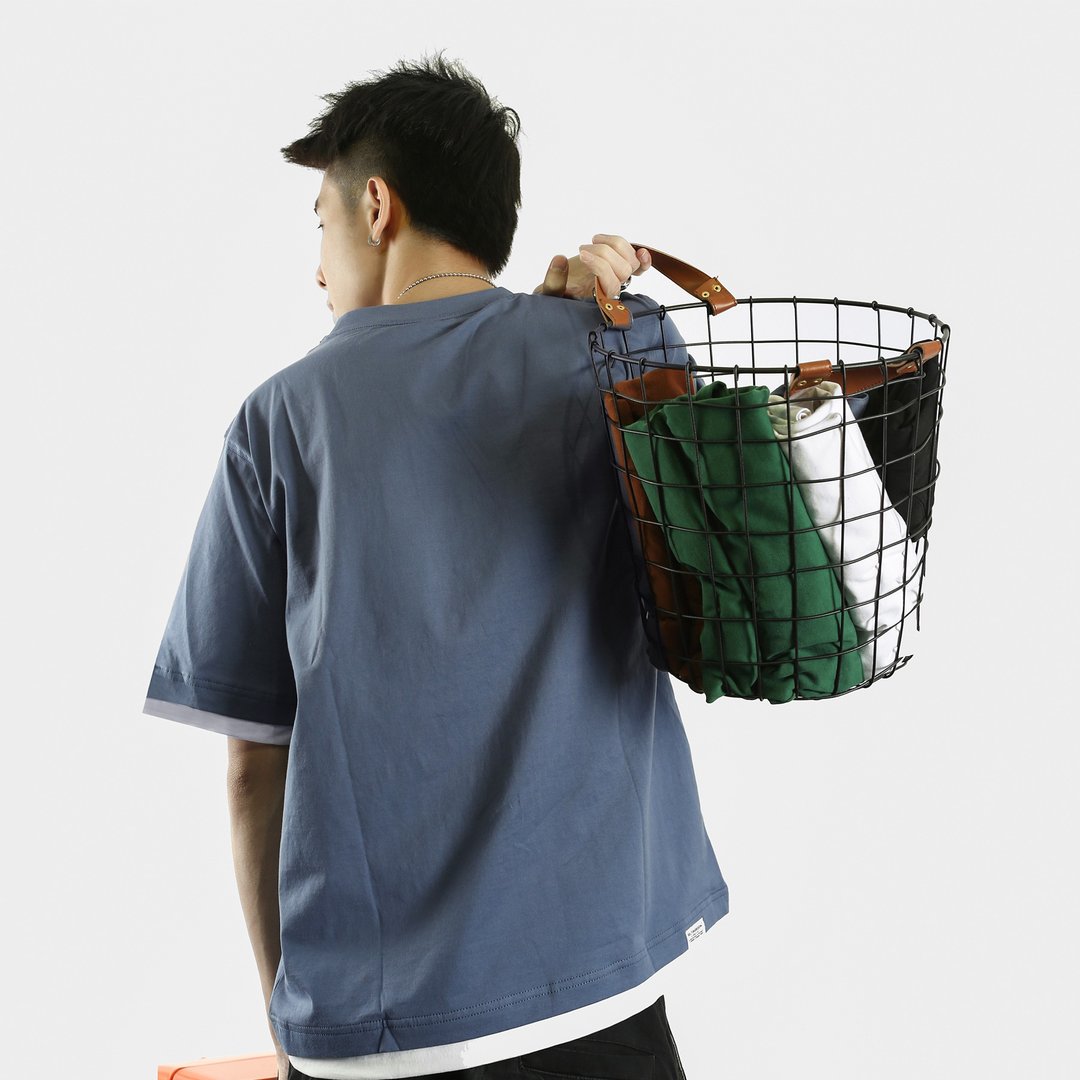 RLRM|假两件-口袋短袖TEE-宽松oversize-简约情侶款式-純棉材質 - 男装上衣/T 恤 - 棉 蓝色