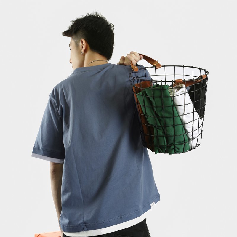 RLRM|假两件-口袋短袖TEE-宽松oversize-简约情侶款式-純棉材質 - 男装上衣/T 恤 - 棉．麻 蓝色