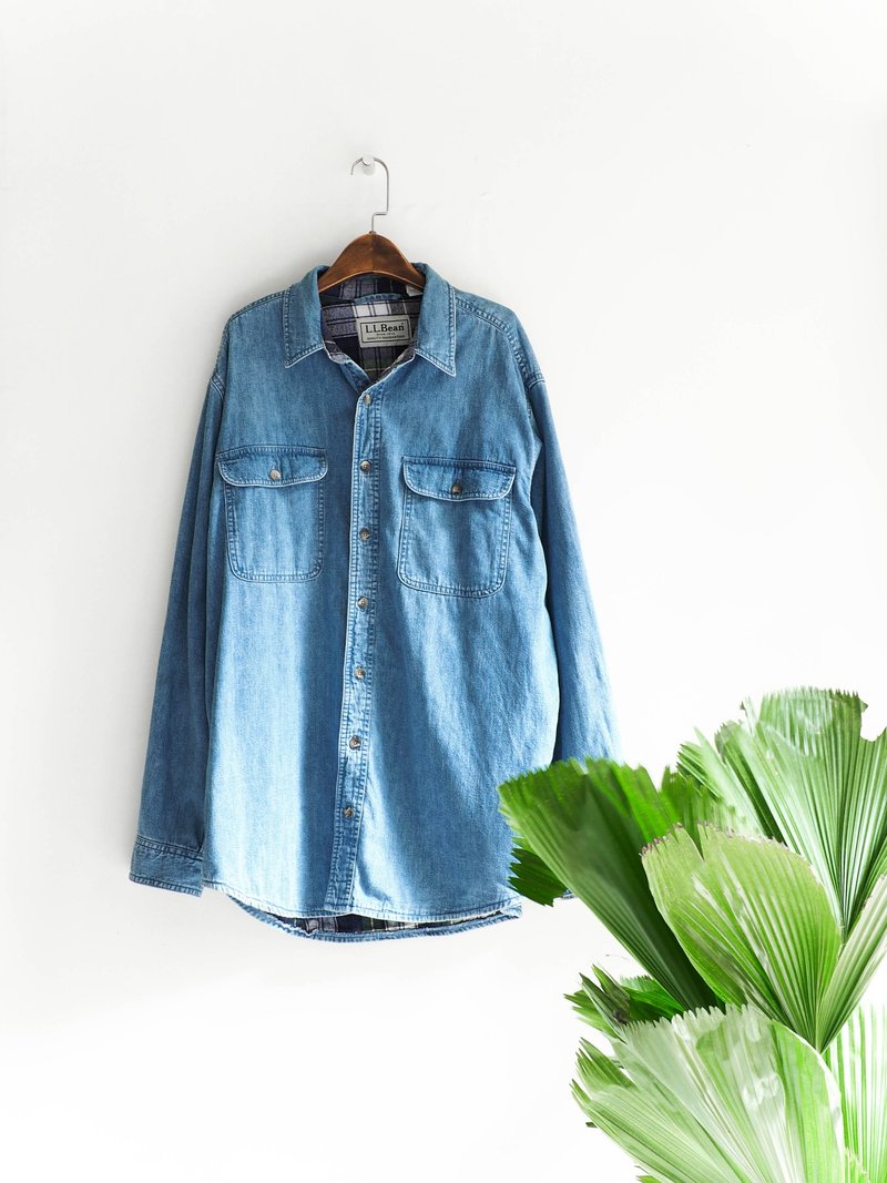 河水山 - llbean 天蓝素面经典简约生活 丹宁古董衬衫上衣外套 古着 中性 shirt oversize vintage - 男装衬衫 - 棉．麻 蓝色