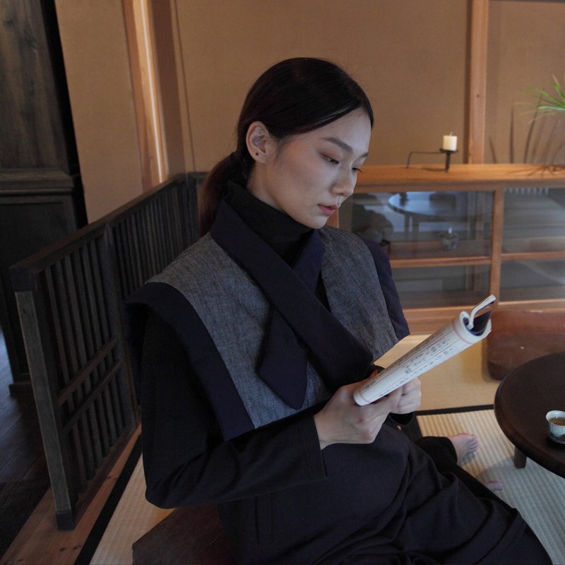 手作 年終答謝限定 文人雅士棉麻夾棉保暖披肩 3M暖絨 A200948 - 围巾/披肩 - 棉．麻 蓝色