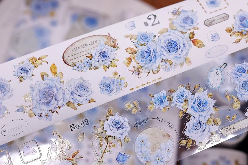 清露  轻复古蓝色玫瑰花卉和纸PET模切手帐胶带 - 纸胶带 - 其他材质 多色
