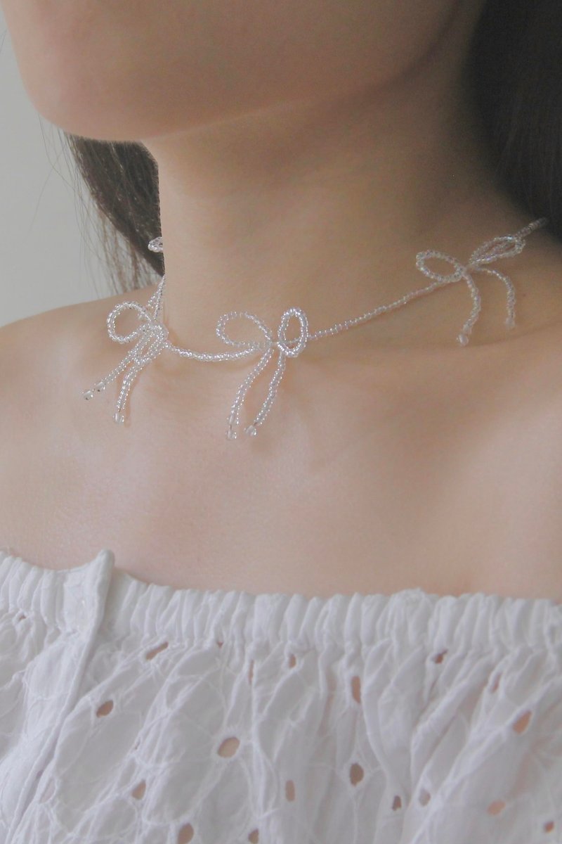 泡泡蝴蝶结 白水晶日本米珠项链 - 项链 - 半宝石 透明