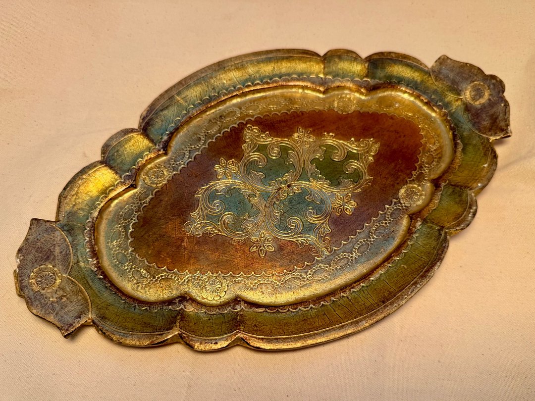 70 年代 大 意大利手工制佛罗伦斯托盘 Florentine Tray - 摆饰 - 木头 金色