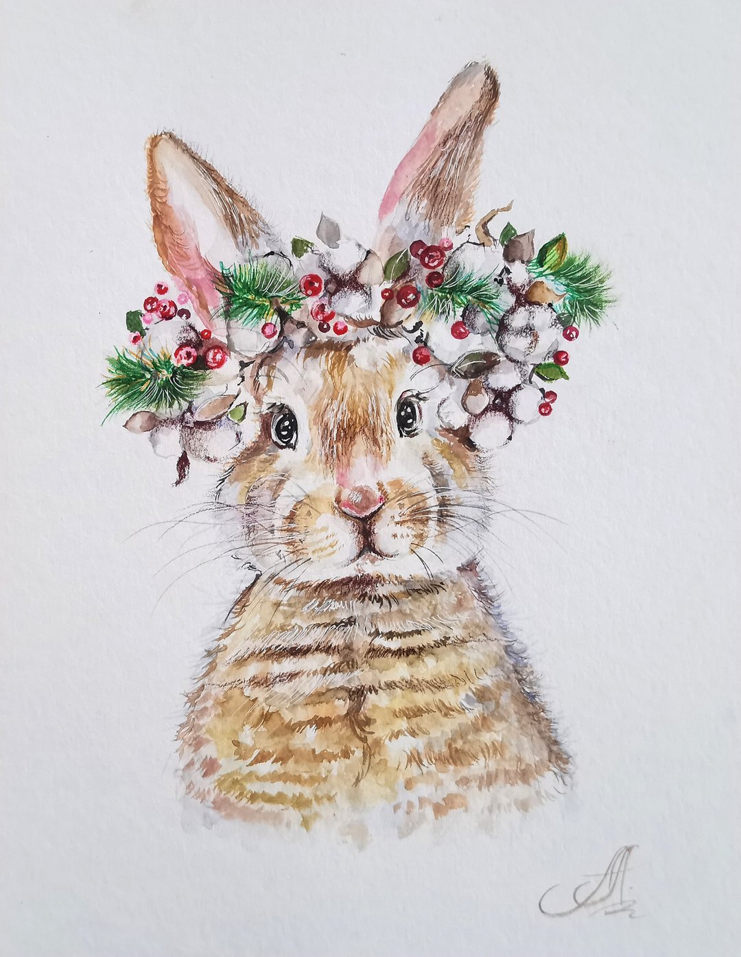 波希米亚圣诞奇思妙想：花圈中的水彩兔子，捕捉兔子画 - 墙贴/壁贴 - 纸 透明