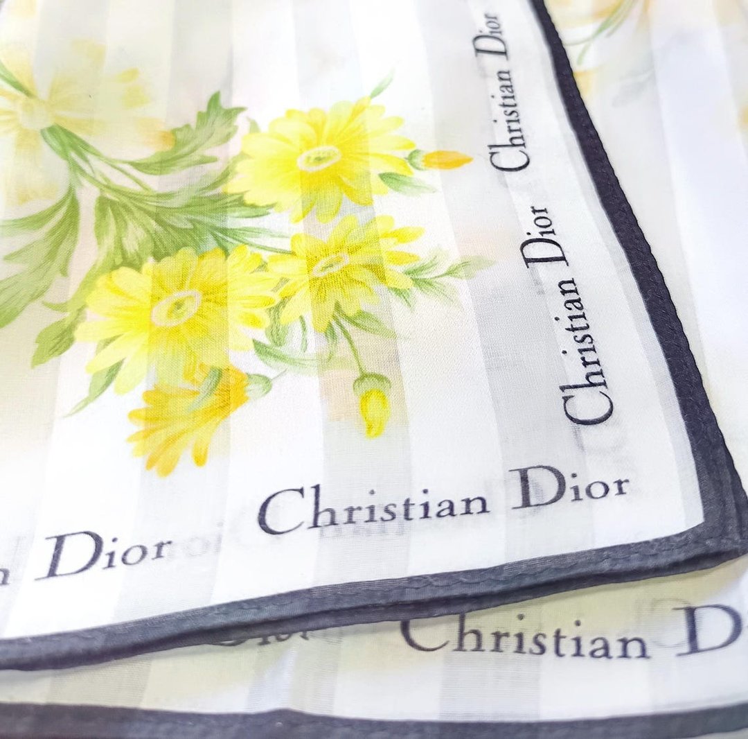 Christian Dior 复古黄色花卉手帕 - 棉丝绸 19 x 18 英寸 - 手帕/方巾 - 棉 卡其色