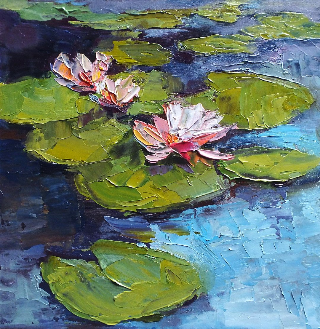 Pink Water Lilies Painting Original Oil Impasto Wall Art Flowers Impressionism - 海报/装饰画/版画 - 其他材质 蓝色