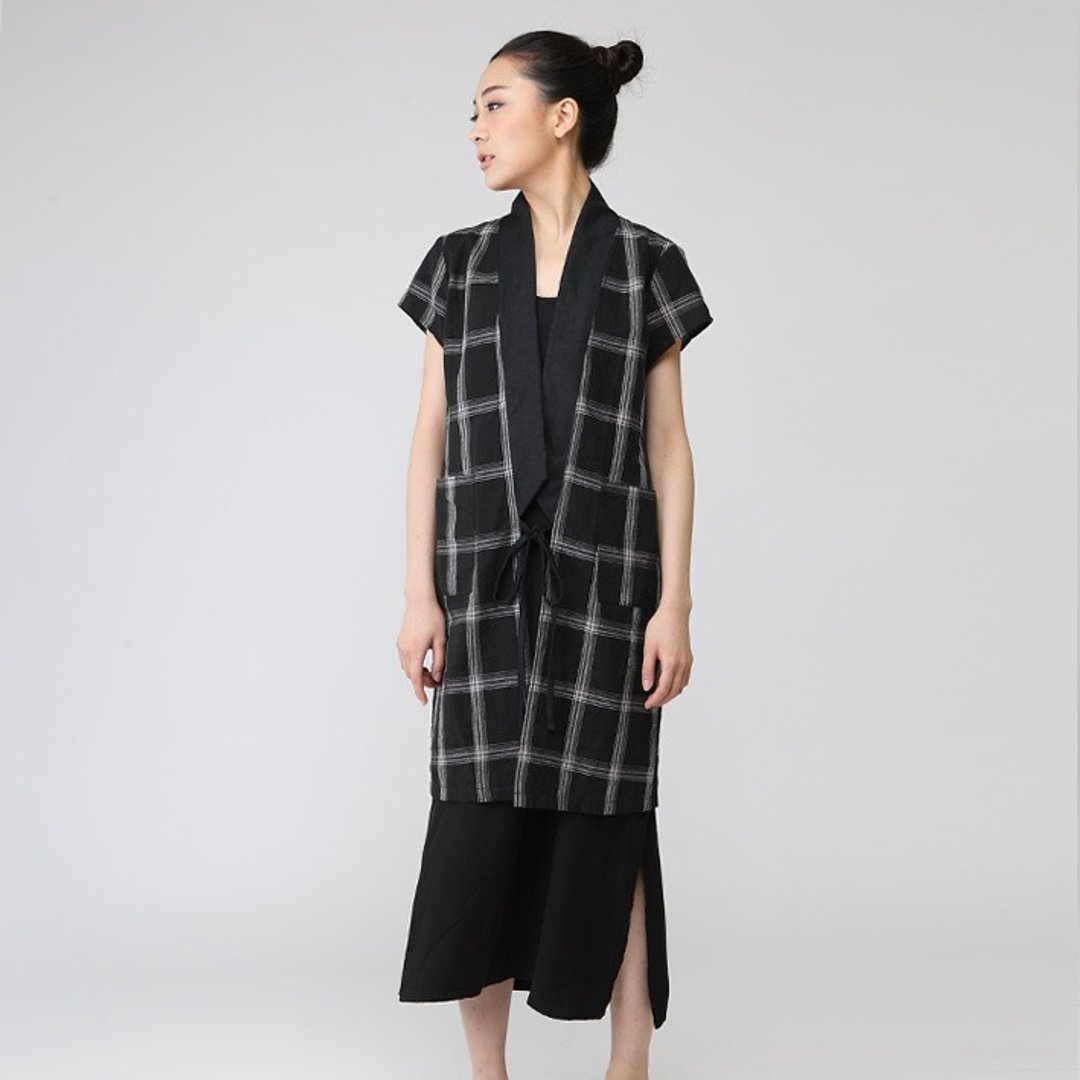 不服 土法织亚麻格子汉服开衫 夏季馬甲  O150403 - 女装背心 - 棉 咖啡色