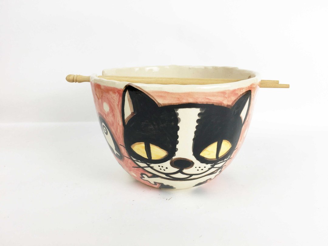 Nice Little Clay 手工大碗 快乐黑白猫 0201-22 - 碗 - 陶 咖啡色