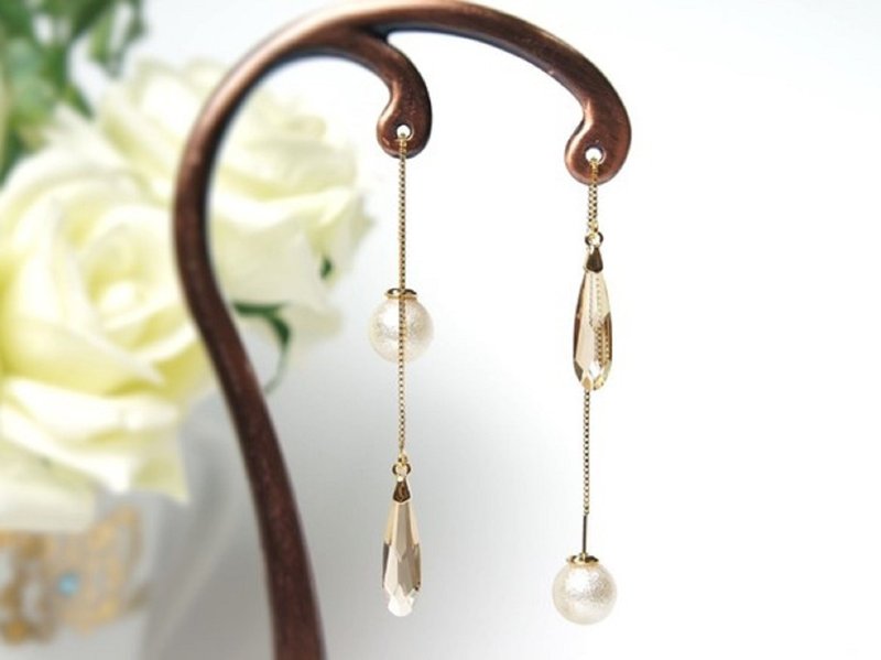 Swarovski crystal & Pearl Ear Jacket / 3way 14kgf Threader Earrings - 耳环/耳夹 - 水晶 金色