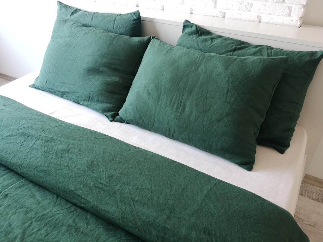 Forest green linen pillowcase / Green pillow cover / Euro, American, Taiwan size - 寝具 - 亚麻 绿色