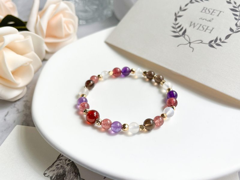 石榴石 紫水晶 草莓晶 月光石 茶水晶 14k包金设计手链 - 手链/手环 - 水晶 多色