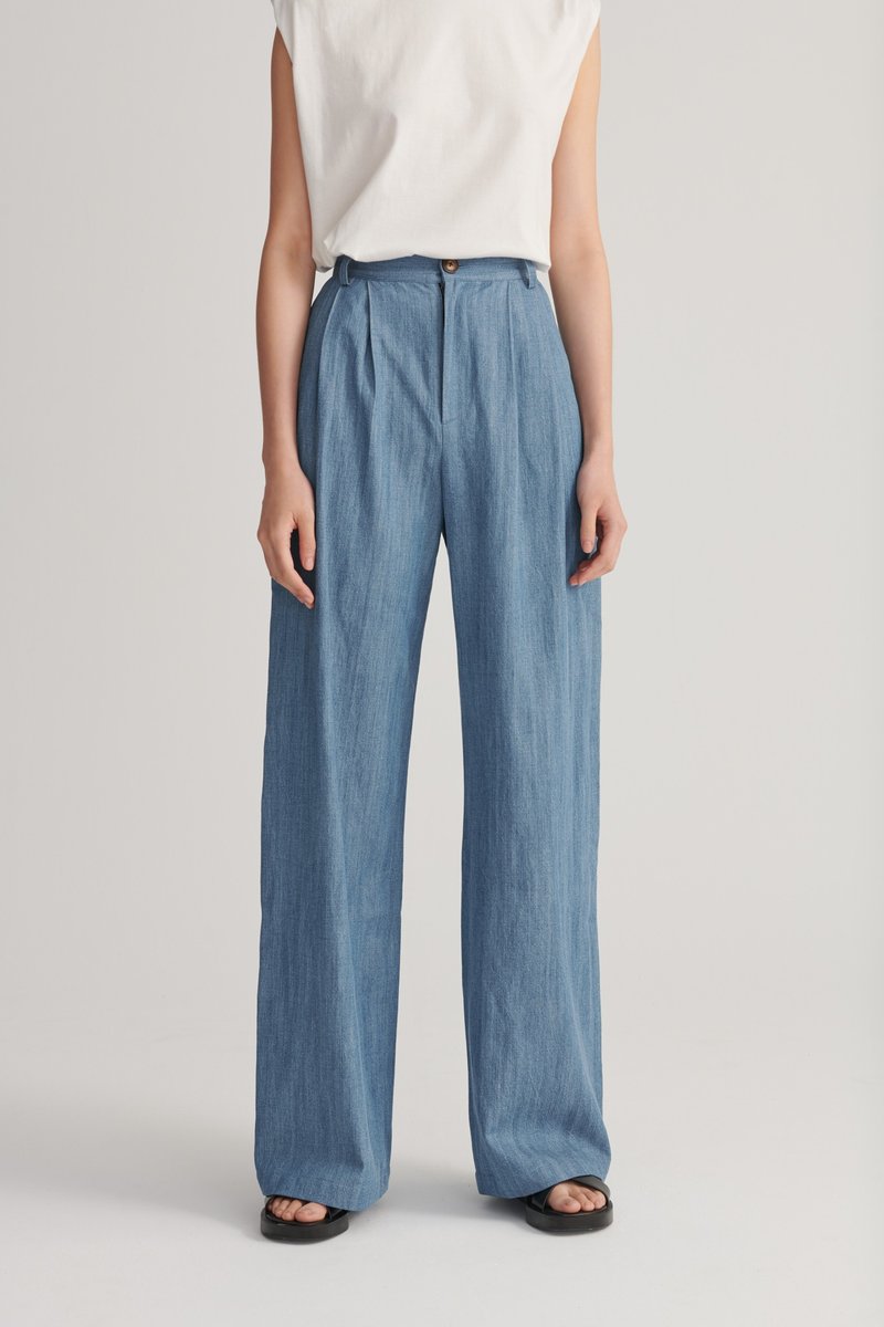 Shan Yong 丹宁高腰直筒宽版落地裤(两色) - 女装长裤 - 棉．麻 