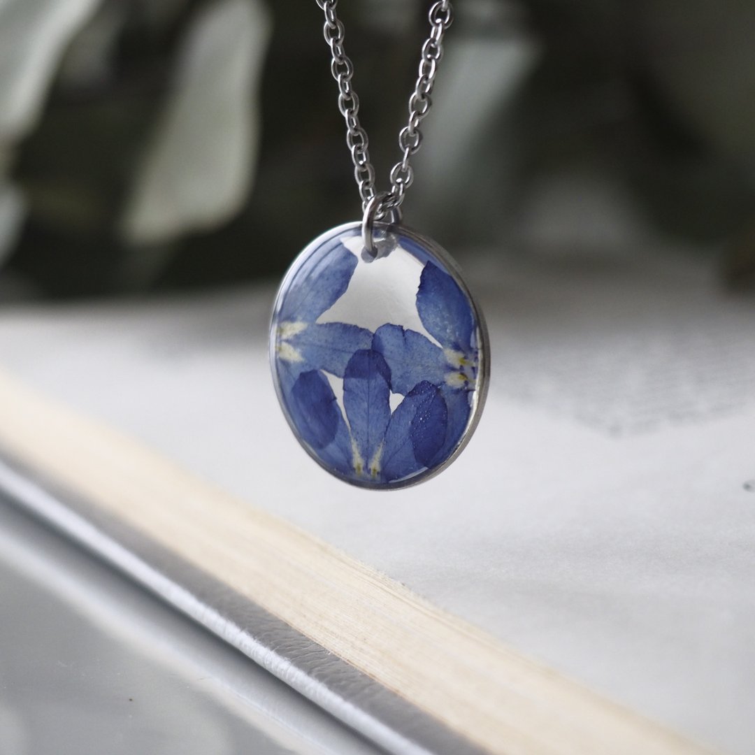 Pressed flower necklace, Real flower necklace, Dry flower steel necklace - 项链 - 植物．花 蓝色