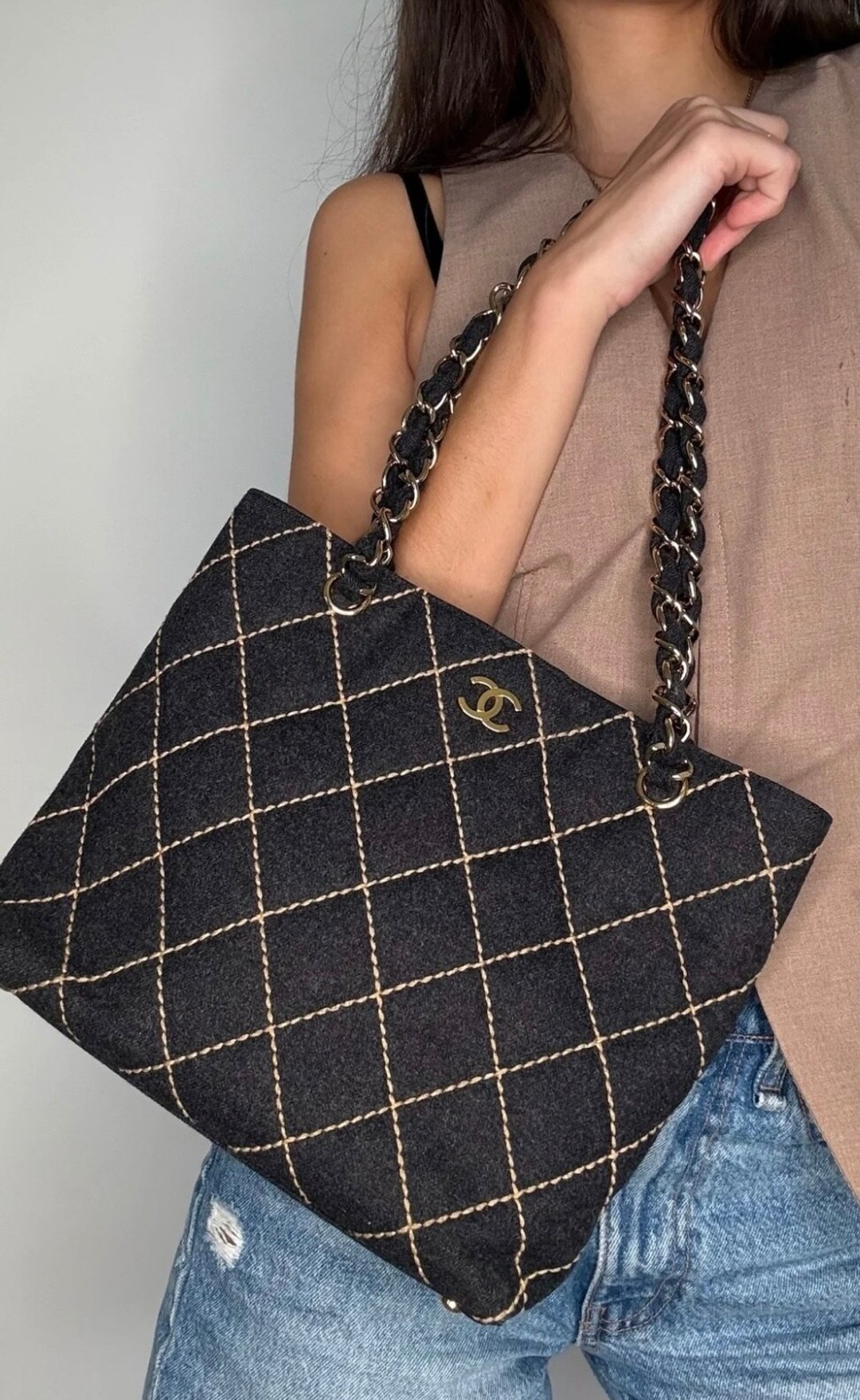 稀有中古包 Chanel 黑色毛链条托特包 单肩包 侧背包 古着包 - 侧背包/斜挎包 - 真皮 黑色