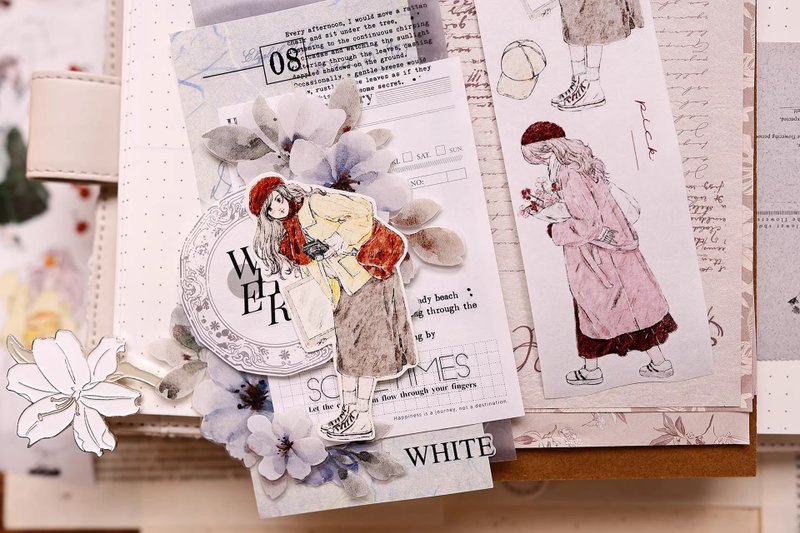 花间少女  轻复古盐系人物和纸PET切模手帐胶带 - 纸胶带 - 纸 卡其色