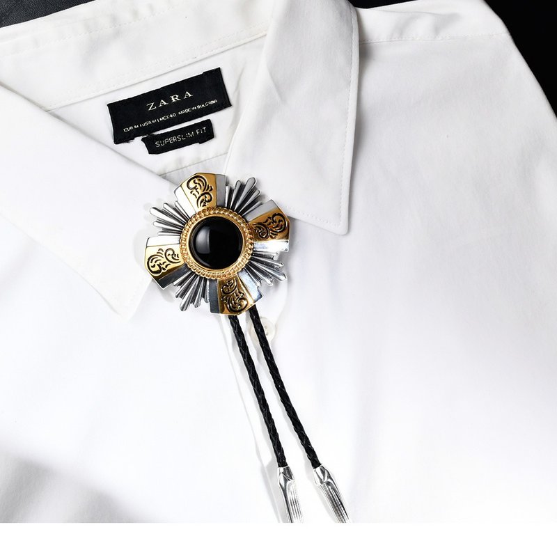 十字勋章 保罗领带 Bolo Tie 真皮 皮革项链 皮绳领带 长项链 - 领带/领带夹 - 真皮 银色