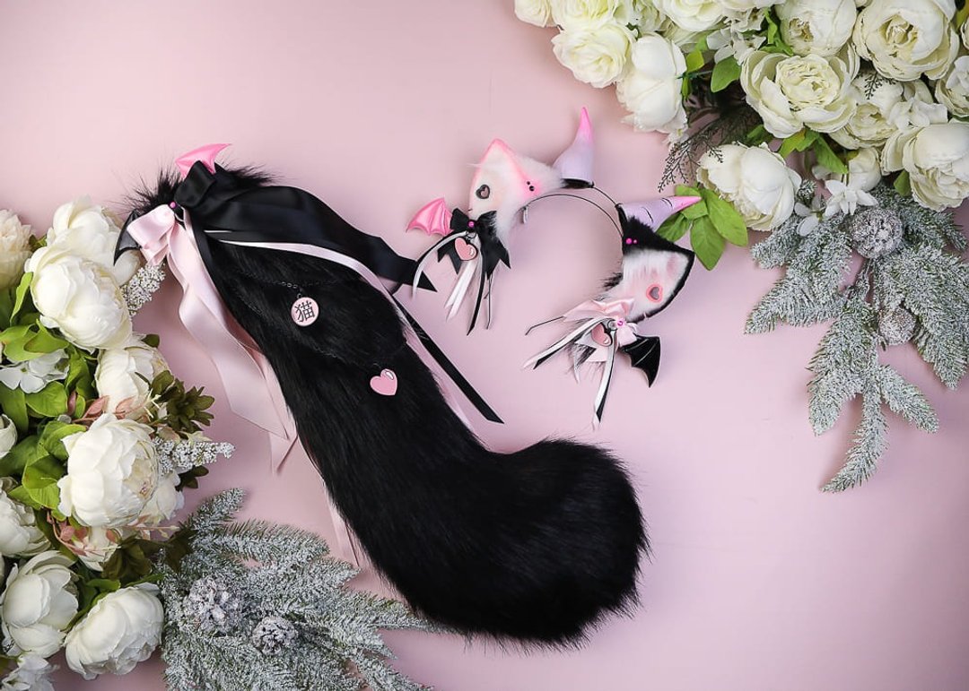 Neko 恶魔耳朵和尾巴套装 人造毛耳朵和尾巴套装 - 发饰 - 其他人造纤维 粉红色