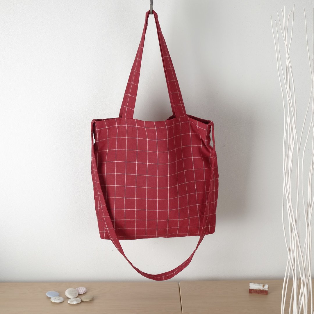 Dark Red Checkered Linen Tote Bag - 侧背包/斜挎包 - 棉 红色