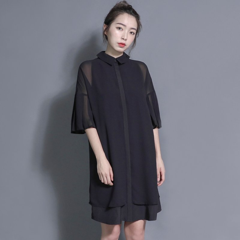 SU:MI said Heartbeat 怦然百褶袖衬衫洋装_7SF027_黑 - 洋装/连衣裙 - 棉．麻 黑色