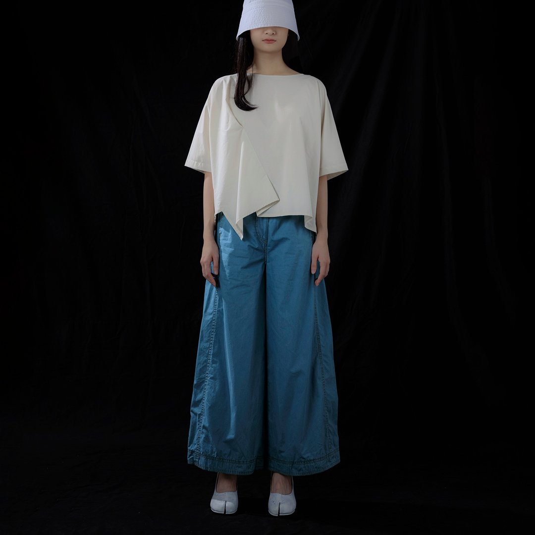 压线松紧长宽裤 - 女装长裤 - 棉．麻 蓝色