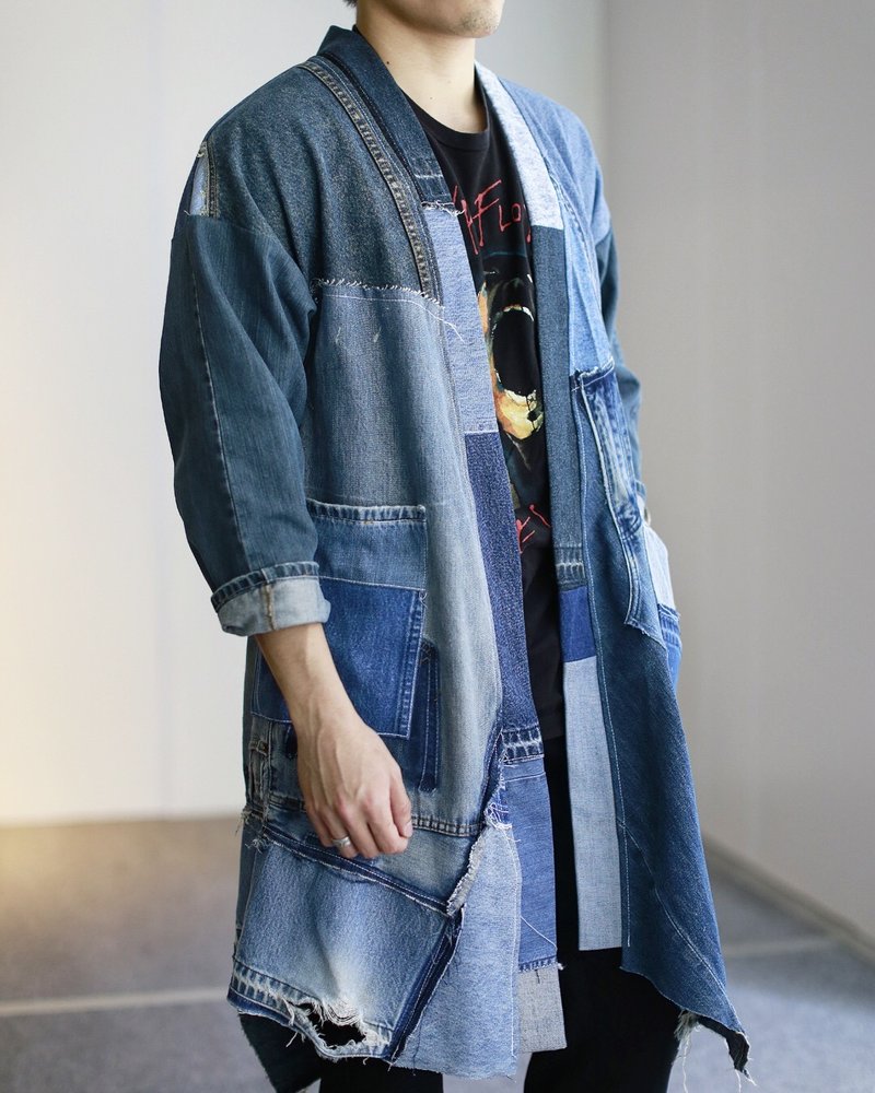 复古牛仔疯狂拼布和服领长外套 - 男装外套 - 棉．麻 