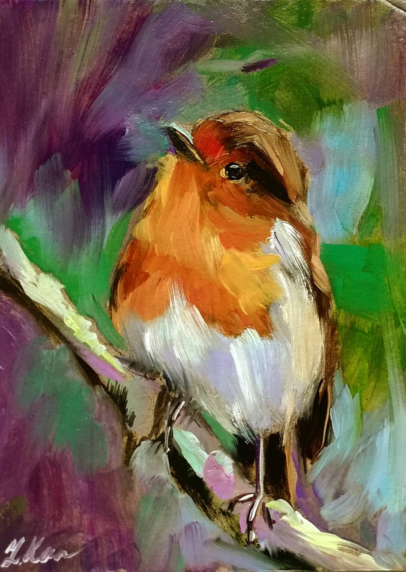 Bird Painting  Animal Original Oil Painting Robin Painting Animal Small Art - 海报/装饰画/版画 - 其他材质 多色