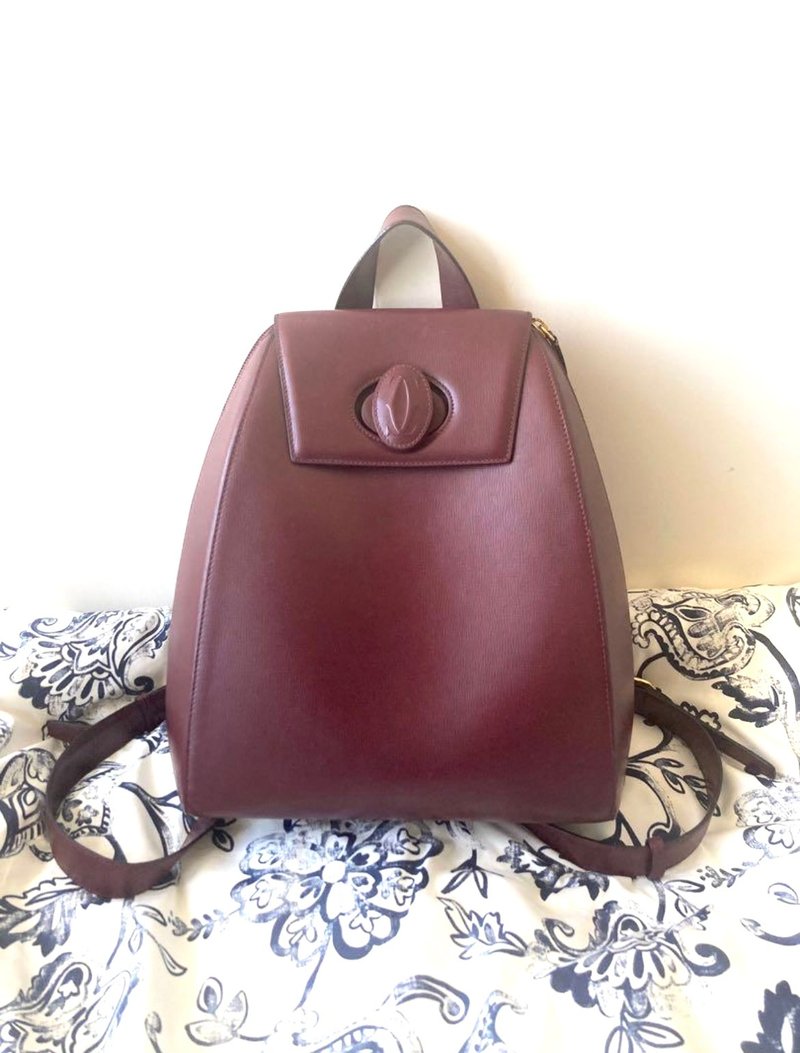 【LA LUNE】中古二手Cartier酒红色皮革双肩后背包背囊小包手袋 - 后背包/双肩包 - 真皮 红色