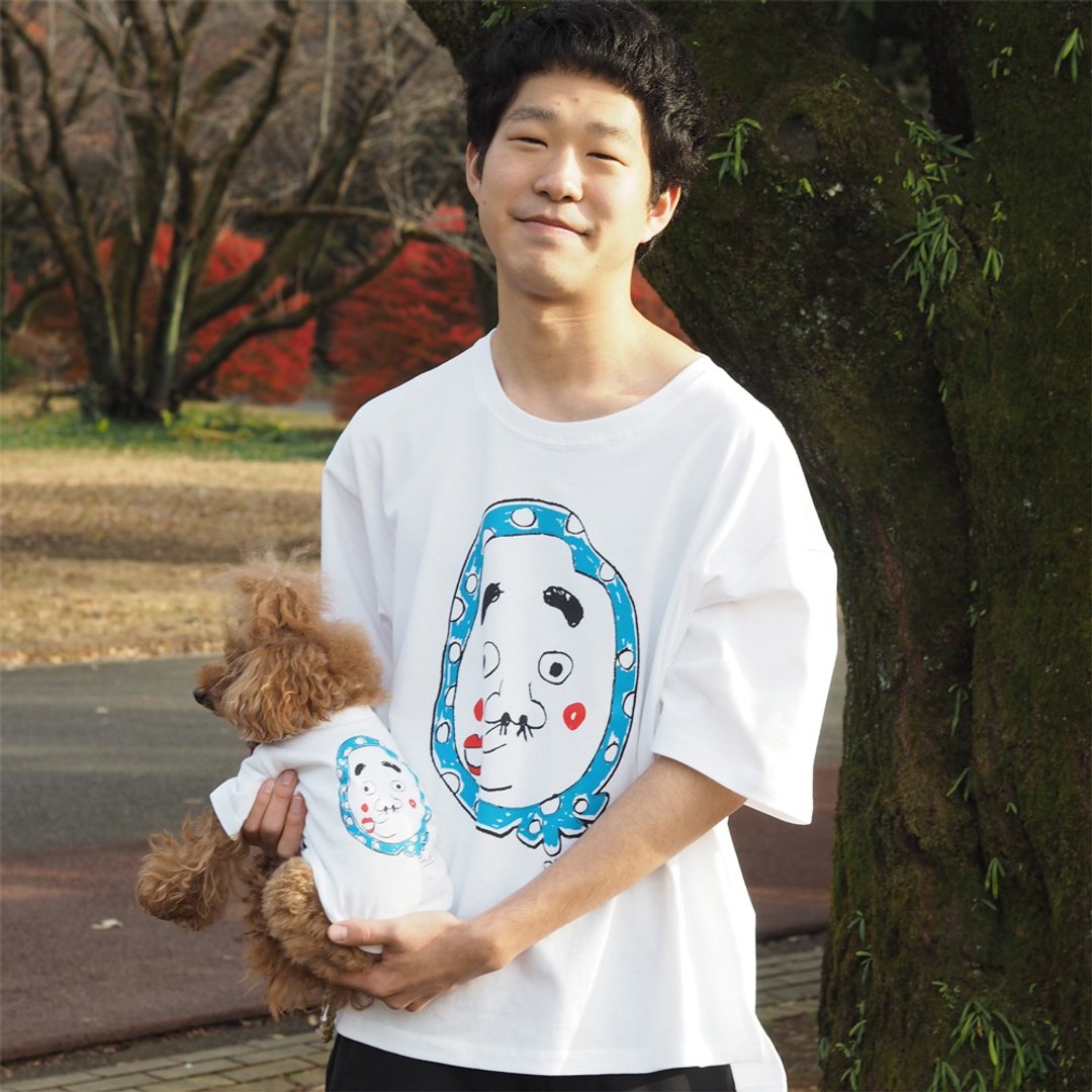 Matching dog and owner Hyottoko T-shirt Dog's wear 橘子 Tangerine Happy Combo - 衣/帽 - 棉 白色
