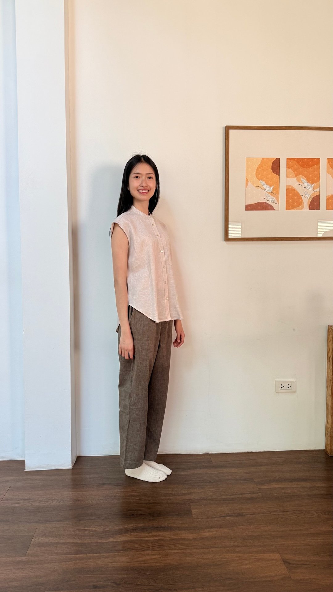 立领亚麻衬衫 杏仁色 插肩袖：MESA 衬衫 - 女装上衣 - 棉 卡其色