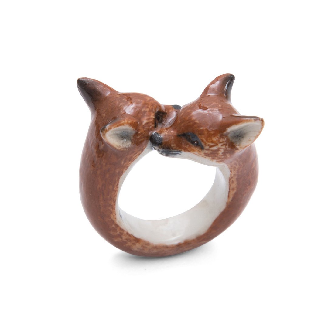 AndMary 手绘瓷戒指-狐狸 礼盒装 Fox Cubs Ring - 戒指 - 瓷 咖啡色