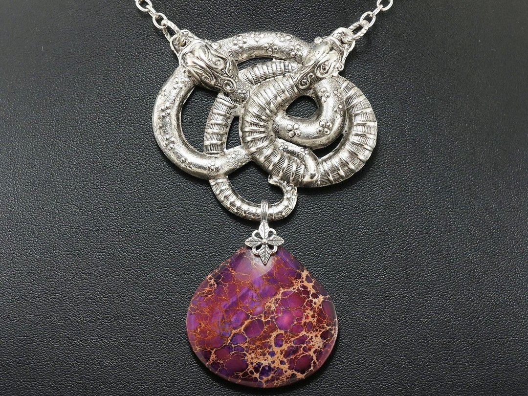 Silver Snake Purple Teardrop Variscite Imperial Jasper Pendant Necklace Jewelry - 项链 - 半宝石 紫色