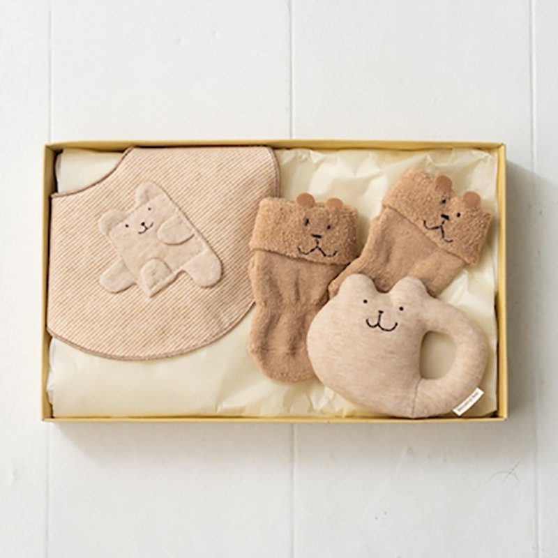 礼盒 MB 100% 有机棉 围兜、摇铃、毛圈袜 3 件套 新生儿礼 兔子 - 满月礼盒 - 棉．麻 咖啡色