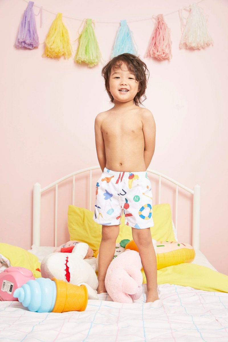 Beach Babe & Beach Boy : Baby & Adult Swim Trunks : NY White Summer Printing - 泳衣/游泳用品 - 其他材质 白色