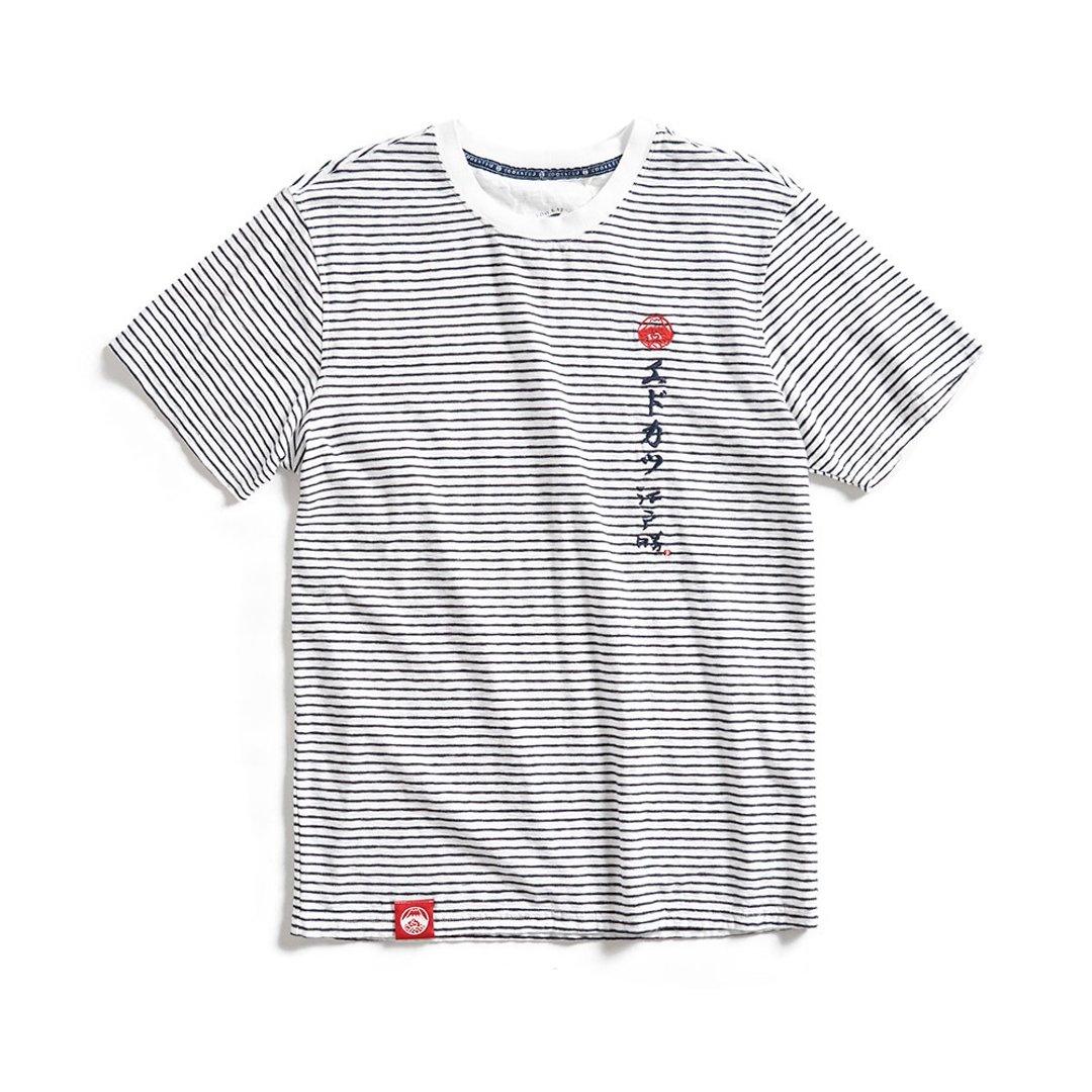 江户胜 日系 男装 LOGO 字体刺绣条纹短袖 T 恤 (米白色) #上衣 - 男装上衣/T 恤 - 棉．麻 白色