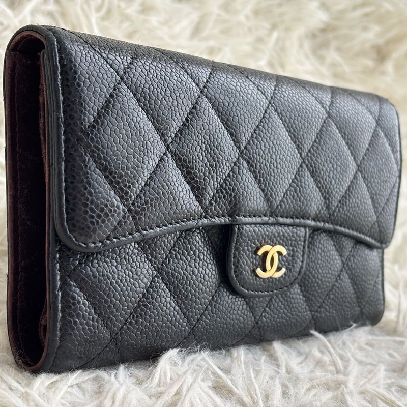 Chanel黑色鱼子酱金标皮革长夹 长钱包 皮夹 中古包 二手包 古董 - 皮夹/钱包 - 真皮 黑色