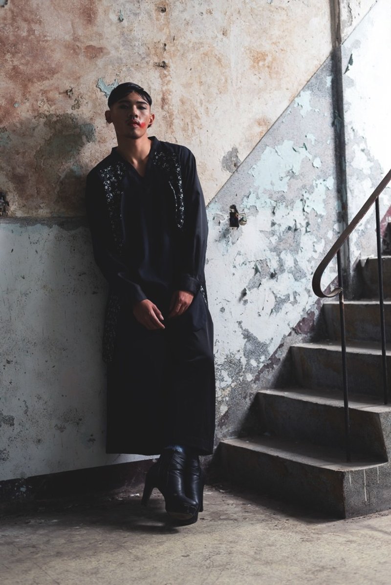 假两件西装领蕾丝长版上衣(162T08) - 男装上衣/T 恤 - 棉．麻 黑色