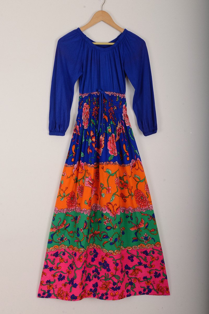 饱和感色系花柄拼接 蓝橘绿粉 70s vintage dress - 洋装/连衣裙 - 其他材质 