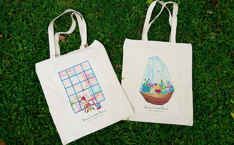 【插画帆布袋】手提肩背两用/有拉链/一内袋/可装A4 圣诞交换礼物 - 侧背包/斜挎包 - 棉．麻 多色