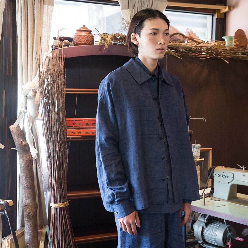100%纯苎麻经典沈蓝格纹外套COAT_X002 - 男装外套 - 棉．麻 蓝色