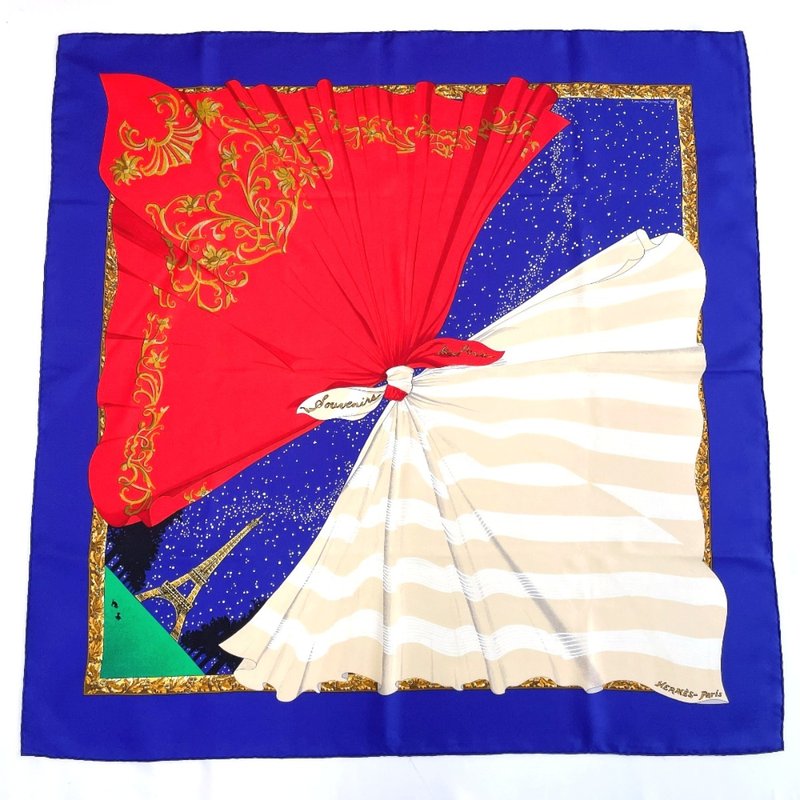 [日本直送，二手，状况良好] 爱马仕方巾 90 件套巴黎纪念品 巴黎艾菲尔铁塔 100 周年纪念 - 丝巾 - 丝．绢 蓝色