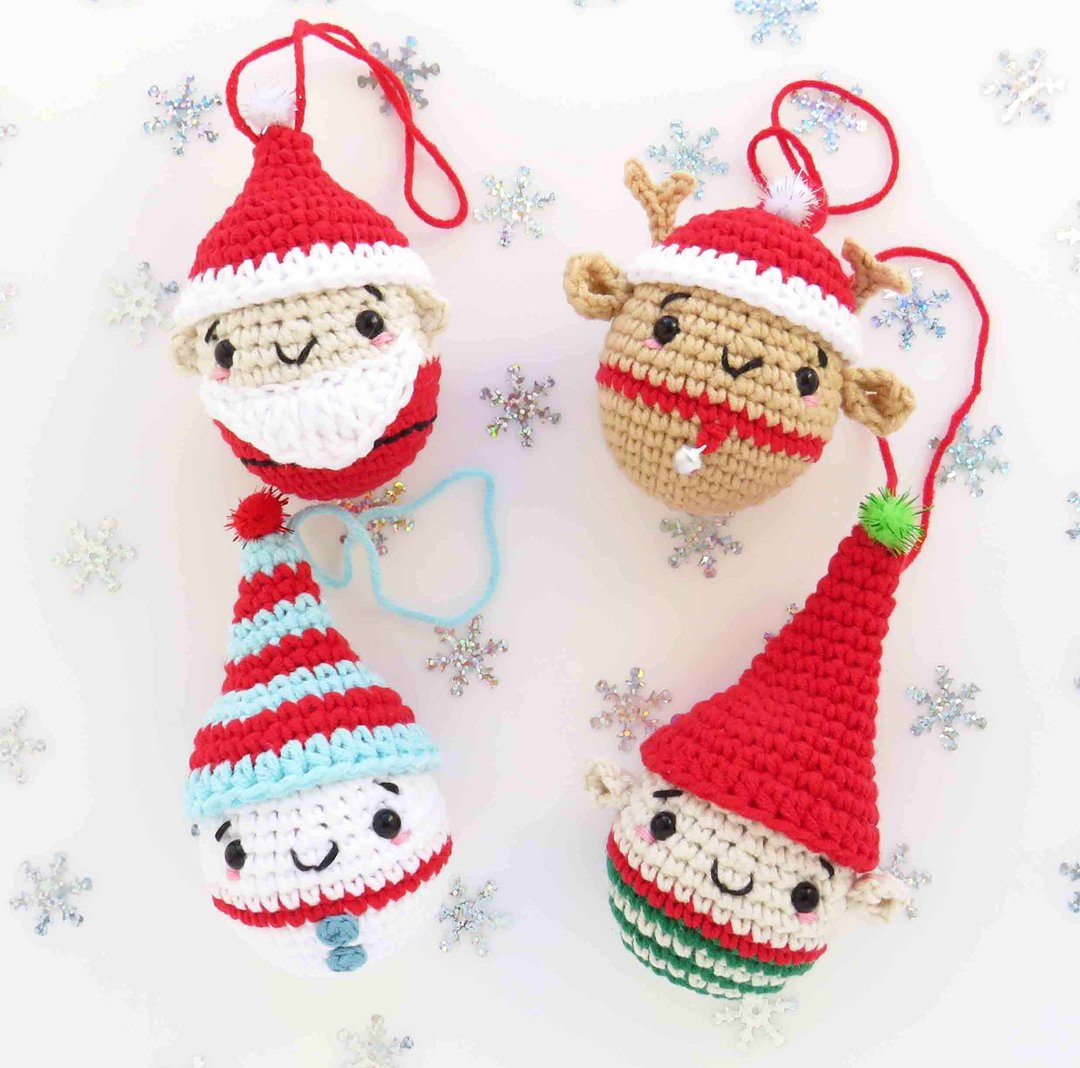 Set 4 in 1 Crochet Pattern Christmas Ornament Santa, Elf, Snowman, Reindeer. - 手工艺教程/工具书 - 其他材质 