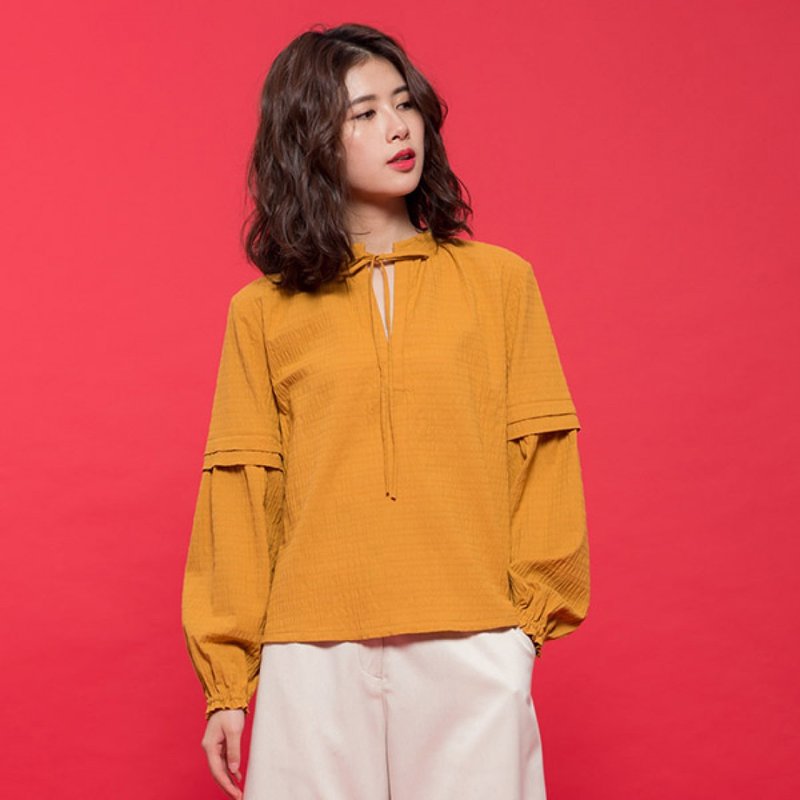 时间编织V领绑带衬衫-夜阳 - 女装上衣 - 棉．麻 黄色