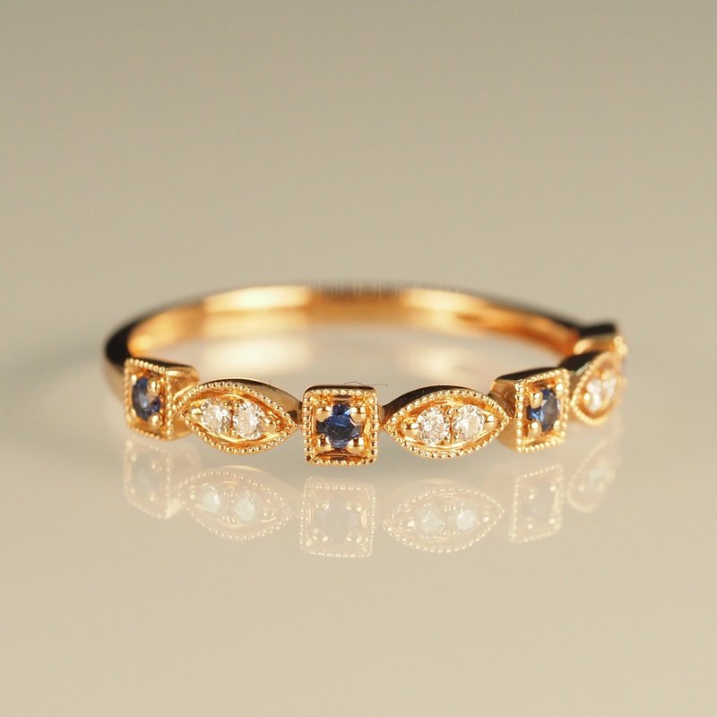 18K蓝宝石方形及钻石榄形戒指 18K Gold The Blue Sapphire Squar - 戒指 - 贵金属 