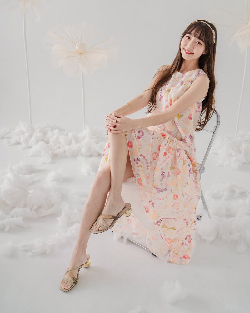 【波丽印花】甜甜可丽露 背心款 纱质A字长洋装 月牙色 英国伦敦 - 洋装/连衣裙 - 棉．麻 橘色